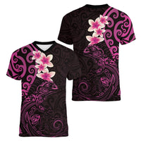 New Zealand Tuatara Plumeria Women V-Neck T-Shirt Maori Pink Koru Tribal Tattoo