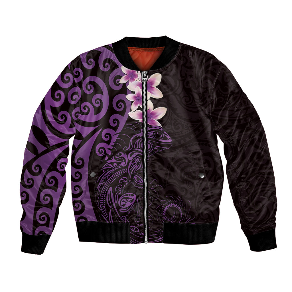 New Zealand Tuatara Plumeria Bomber Jacket Maori Purple Koru Tribal Tattoo LT01 Unisex Purple - Polynesian Pride