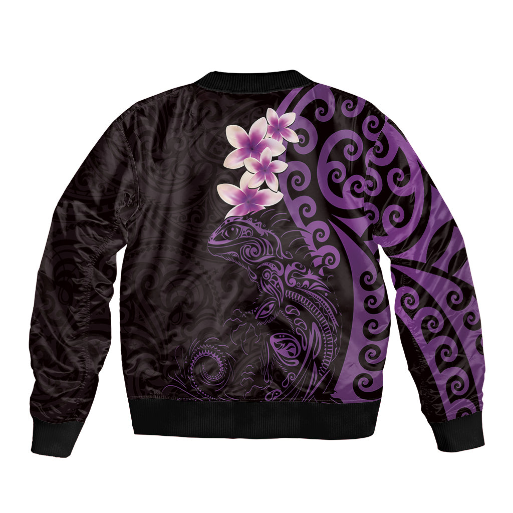 New Zealand Tuatara Plumeria Bomber Jacket Maori Purple Koru Tribal Tattoo