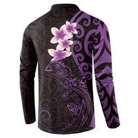 New Zealand Tuatara Plumeria Button Sweatshirt Maori Purple Koru Tribal Tattoo