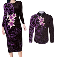 New Zealand Tuatara Plumeria Couples Matching Long Sleeve Bodycon Dress and Long Sleeve Button Shirt Maori Purple Koru Tribal Tattoo