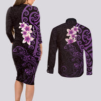 New Zealand Tuatara Plumeria Couples Matching Long Sleeve Bodycon Dress and Long Sleeve Button Shirt Maori Purple Koru Tribal Tattoo