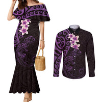 New Zealand Tuatara Plumeria Couples Matching Mermaid Dress and Long Sleeve Button Shirt Maori Purple Koru Tribal Tattoo