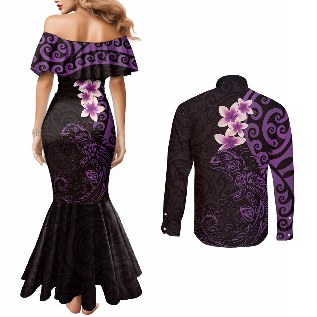 New Zealand Tuatara Plumeria Couples Matching Mermaid Dress and Long Sleeve Button Shirt Maori Purple Koru Tribal Tattoo