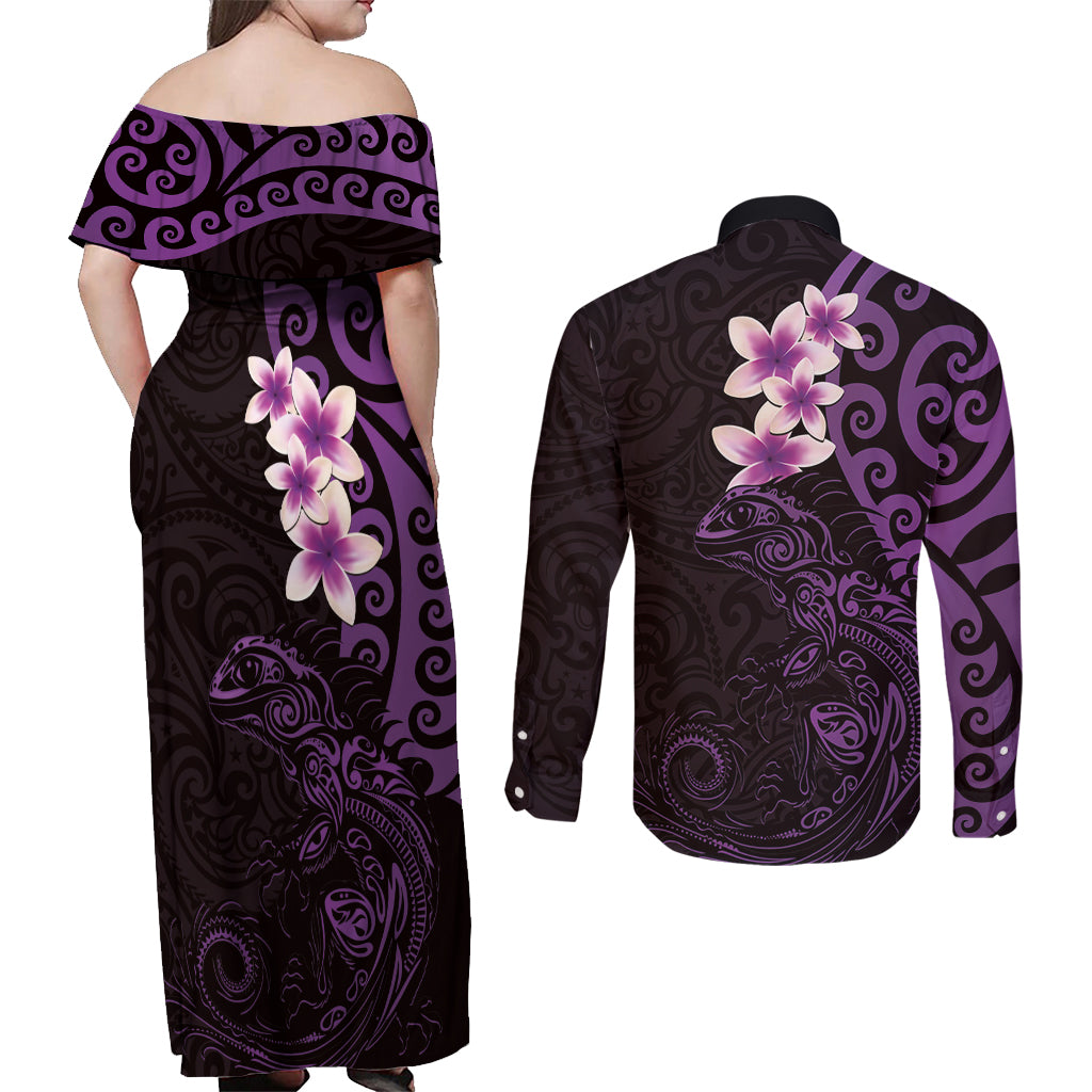 New Zealand Tuatara Plumeria Couples Matching Off Shoulder Maxi Dress and Long Sleeve Button Shirt Maori Purple Koru Tribal Tattoo