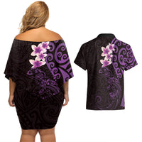 New Zealand Tuatara Plumeria Couples Matching Off Shoulder Short Dress and Hawaiian Shirt Maori Purple Koru Tribal Tattoo