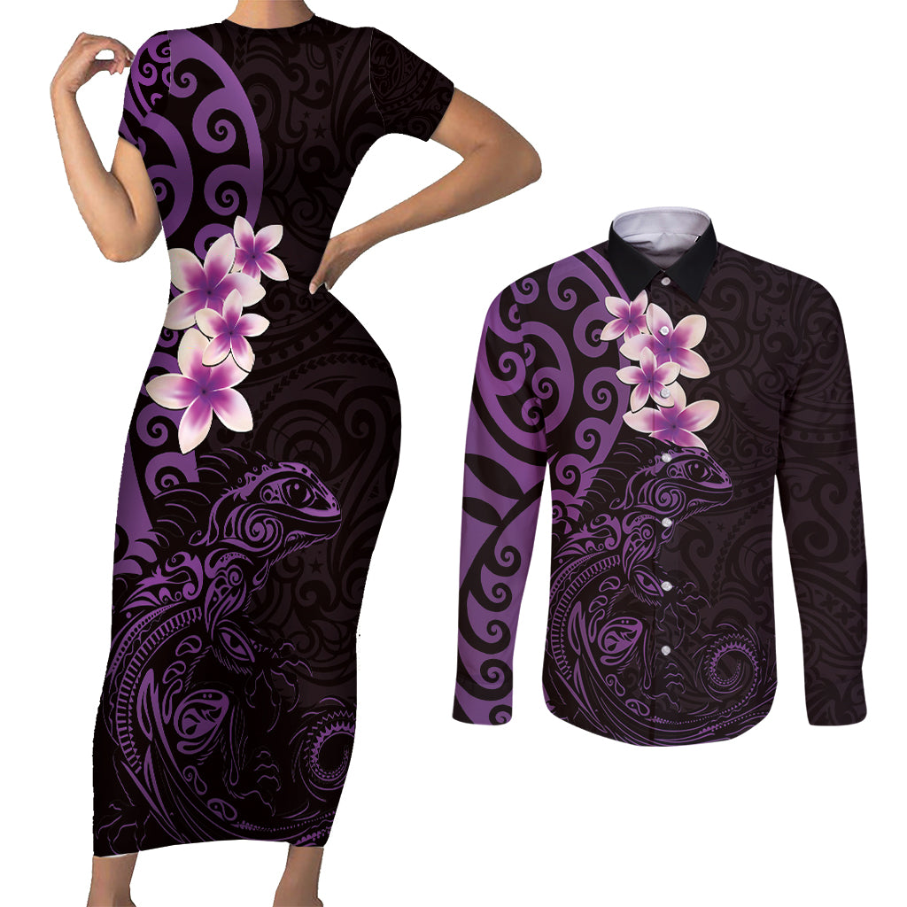 New Zealand Tuatara Plumeria Couples Matching Short Sleeve Bodycon Dress and Long Sleeve Button Shirt Maori Purple Koru Tribal Tattoo