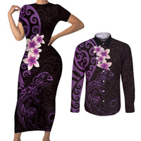 New Zealand Tuatara Plumeria Couples Matching Short Sleeve Bodycon Dress and Long Sleeve Button Shirt Maori Purple Koru Tribal Tattoo