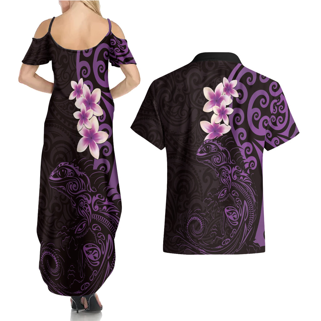 New Zealand Tuatara Plumeria Couples Matching Summer Maxi Dress and Hawaiian Shirt Maori Purple Koru Tribal Tattoo