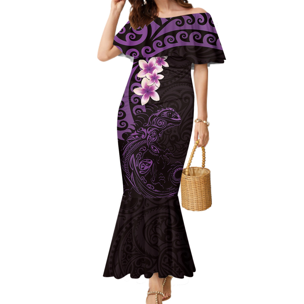 New Zealand Tuatara Plumeria Family Matching Mermaid Dress and Hawaiian Shirt Maori Purple Koru Tribal Tattoo