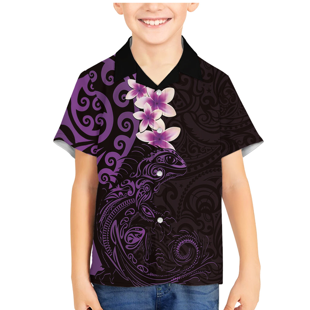 New Zealand Tuatara Plumeria Family Matching Mermaid Dress and Hawaiian Shirt Maori Purple Koru Tribal Tattoo