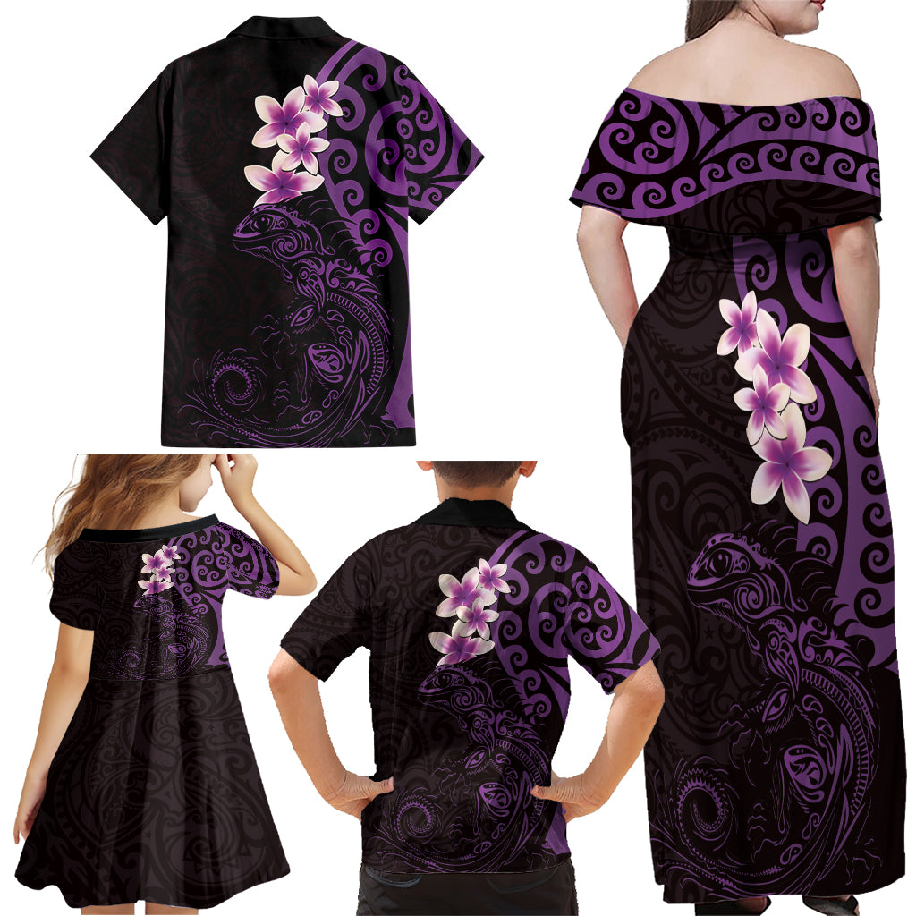 New Zealand Tuatara Plumeria Family Matching Off Shoulder Maxi Dress and Hawaiian Shirt Maori Purple Koru Tribal Tattoo