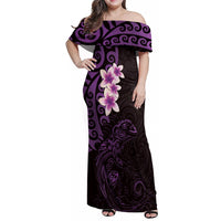 New Zealand Tuatara Plumeria Family Matching Off Shoulder Maxi Dress and Hawaiian Shirt Maori Purple Koru Tribal Tattoo