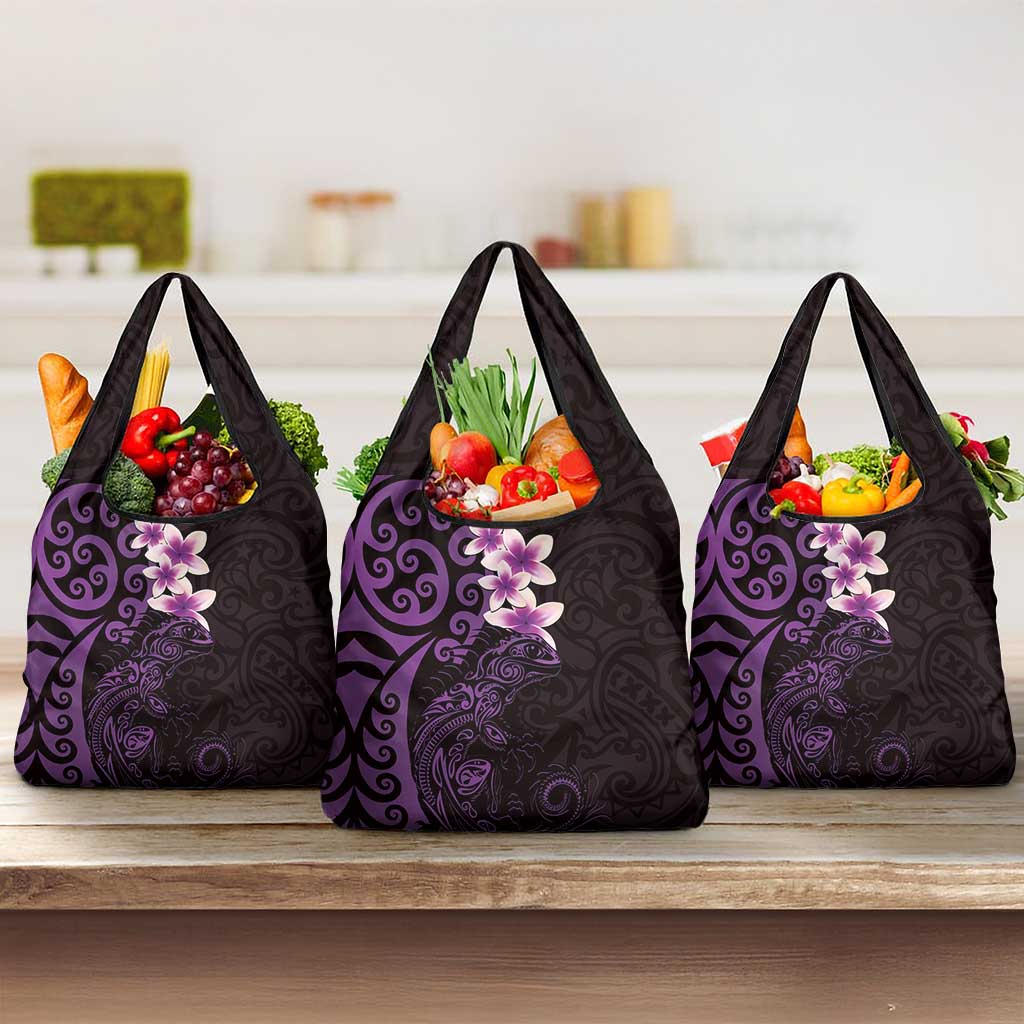 New Zealand Tuatara Plumeria Grocery Bag Maori Purple Koru Tribal Tattoo