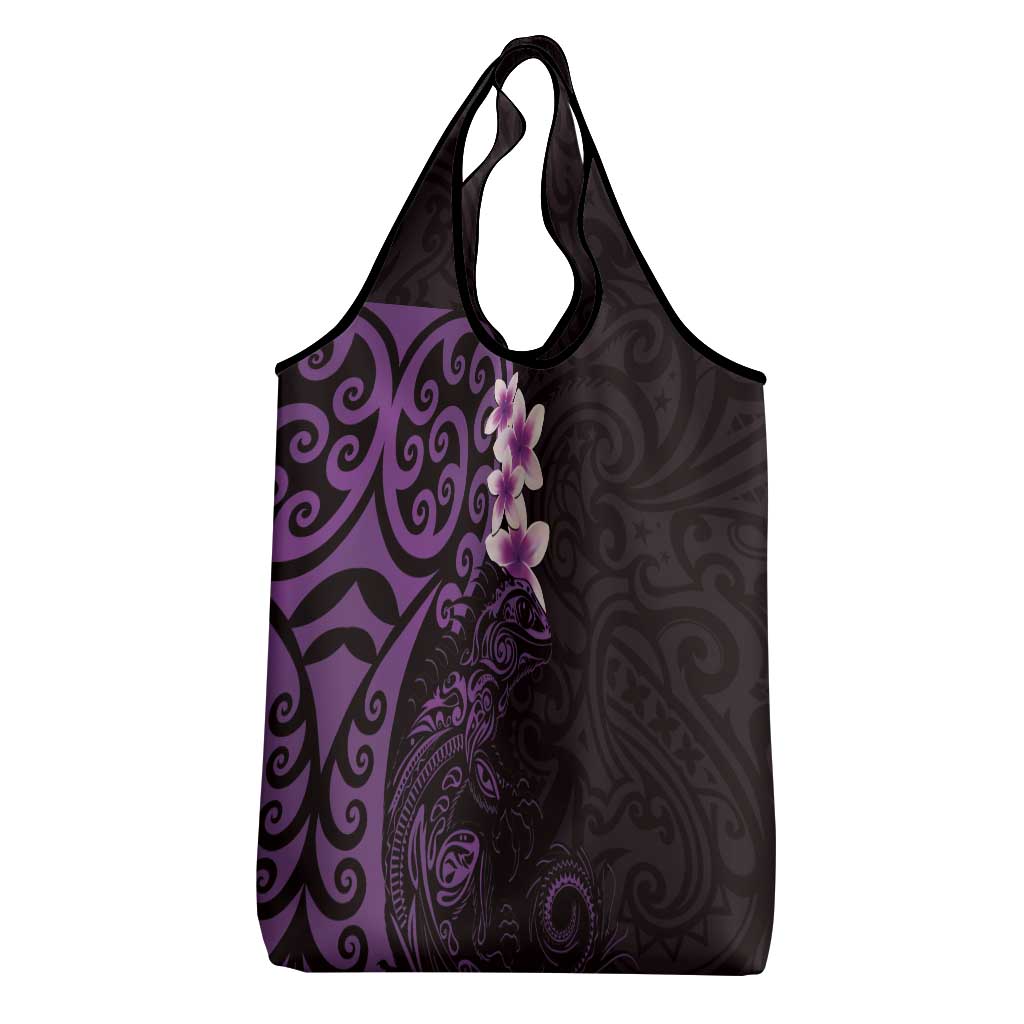 New Zealand Tuatara Plumeria Grocery Bag Maori Purple Koru Tribal Tattoo