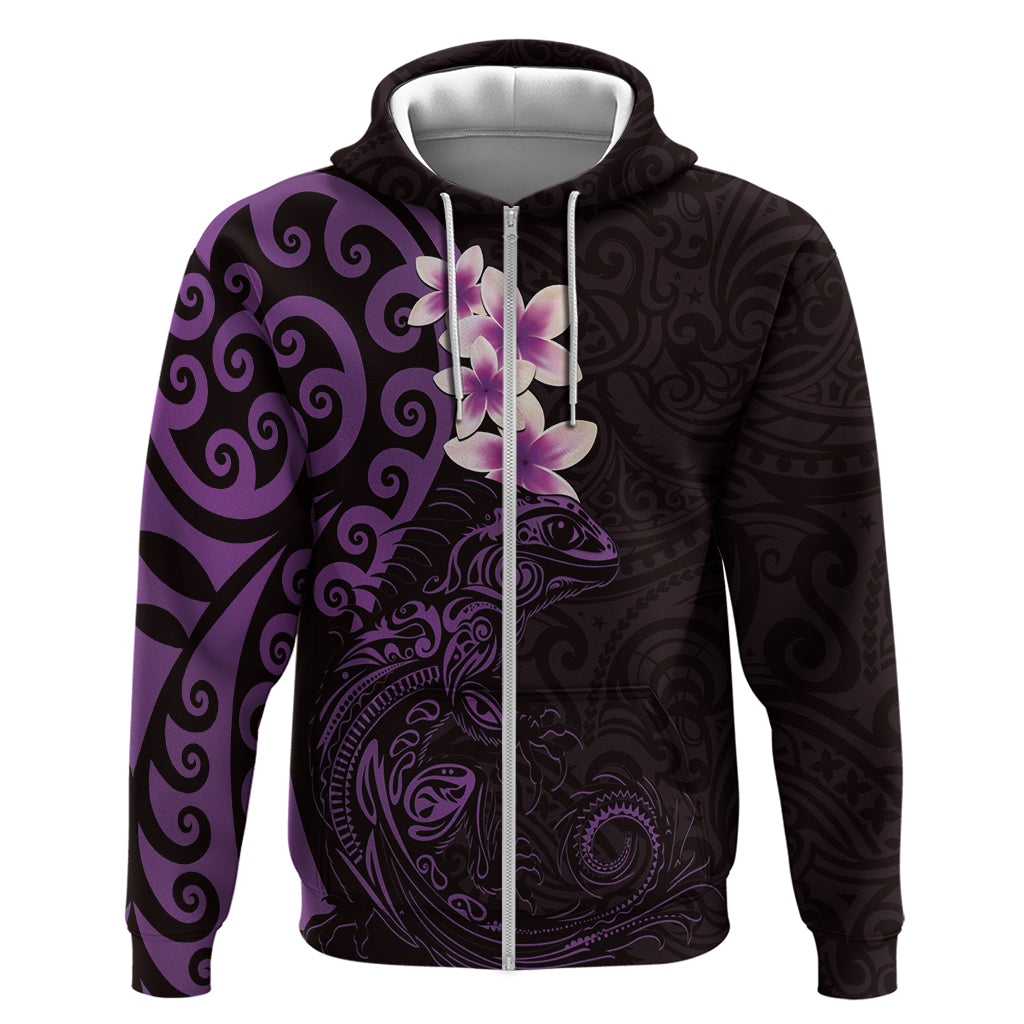 New Zealand Tuatara Plumeria Hoodie Maori Purple Koru Tribal Tattoo