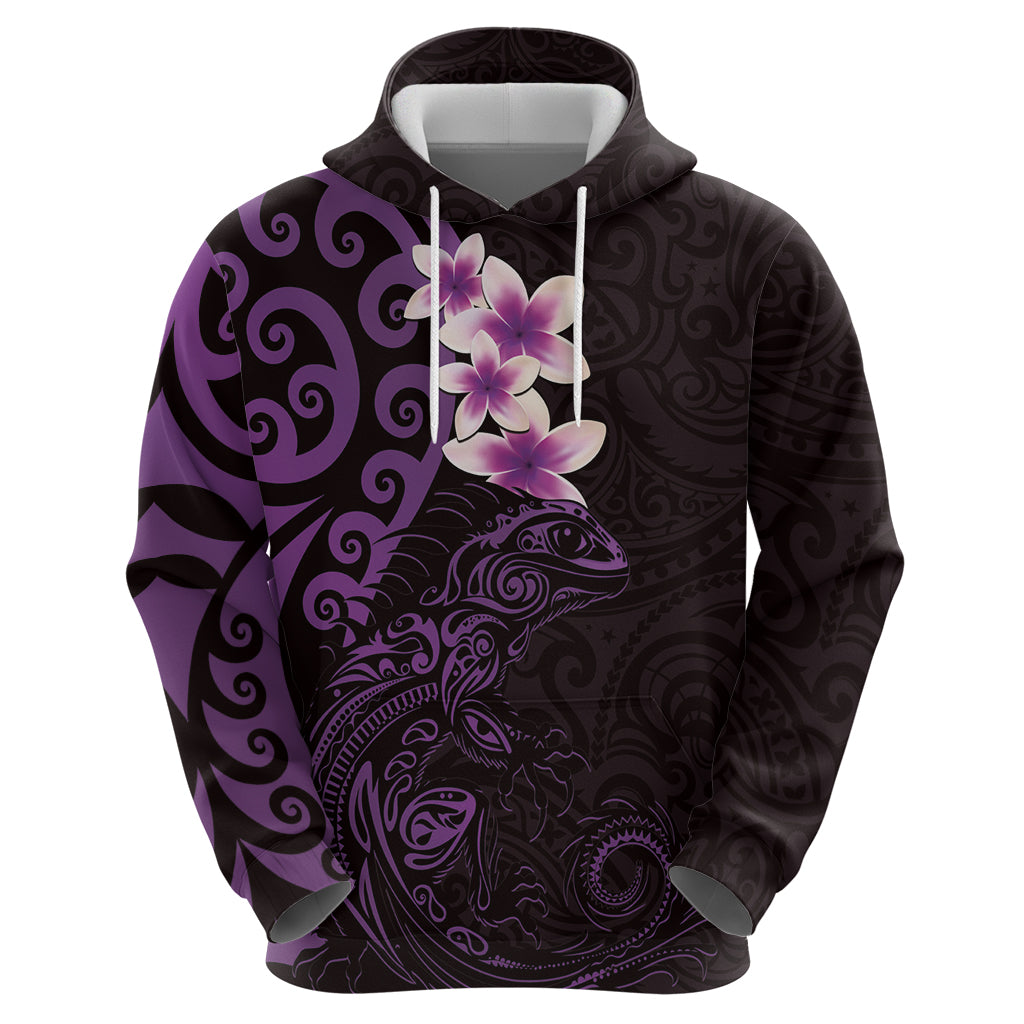 New Zealand Tuatara Plumeria Hoodie Maori Purple Koru Tribal Tattoo