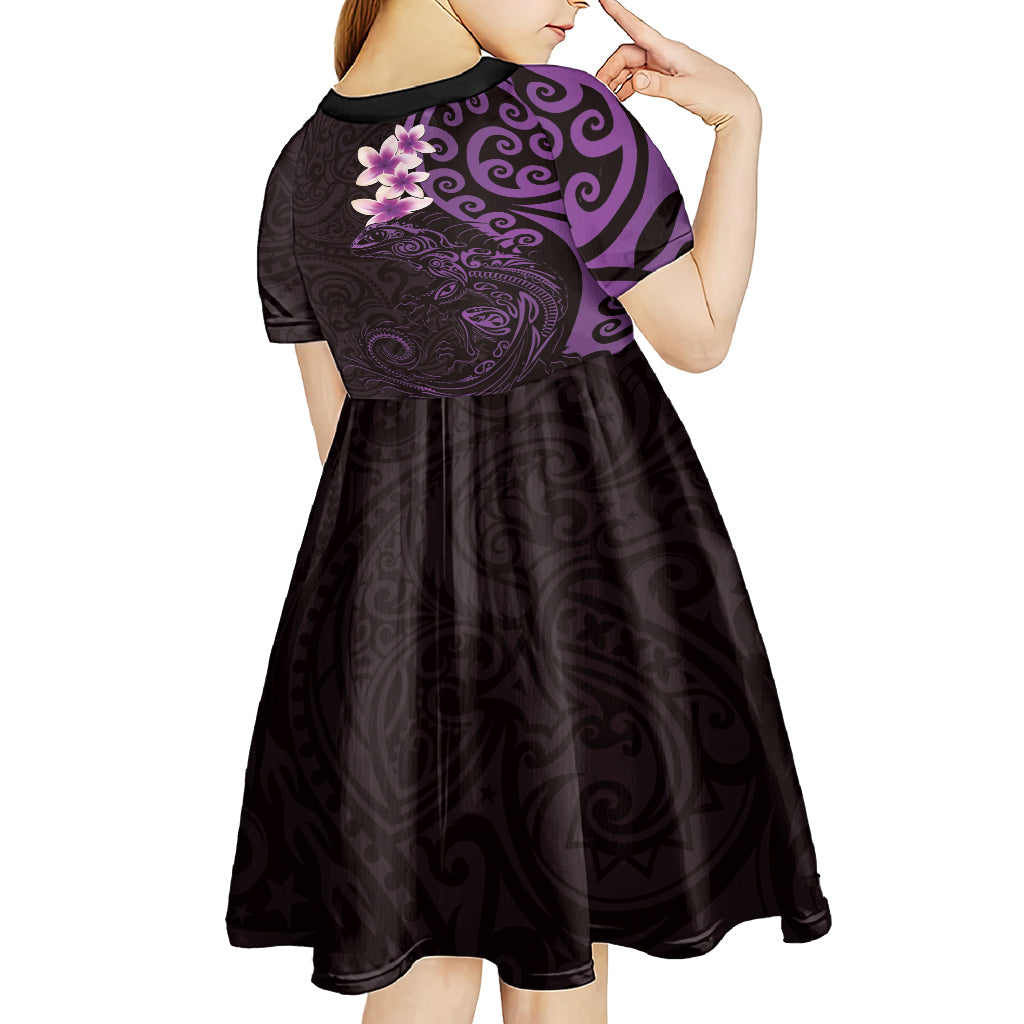 New Zealand Tuatara Plumeria Kid Short Sleeve Dress Maori Purple Koru Tribal Tattoo