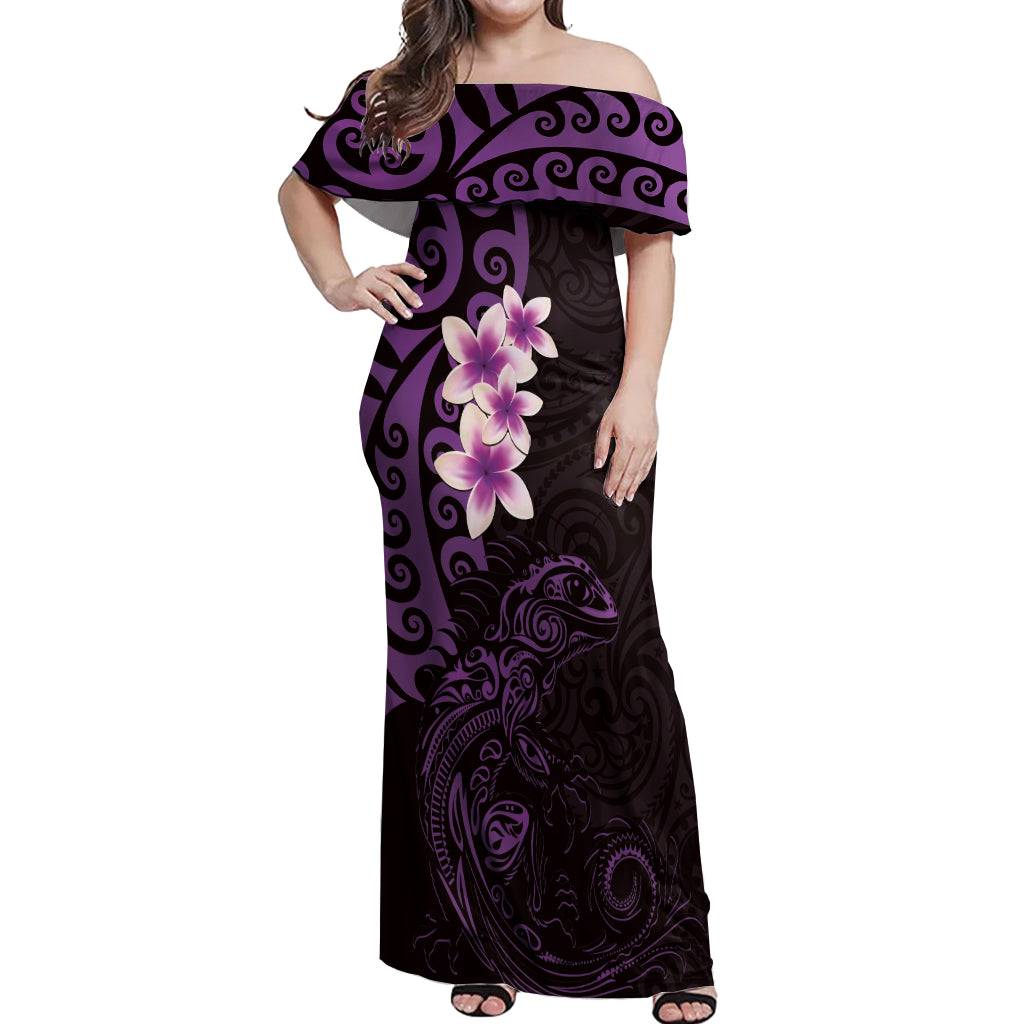 New Zealand Tuatara Plumeria Off Shoulder Maxi Dress Maori Purple Koru Tribal Tattoo