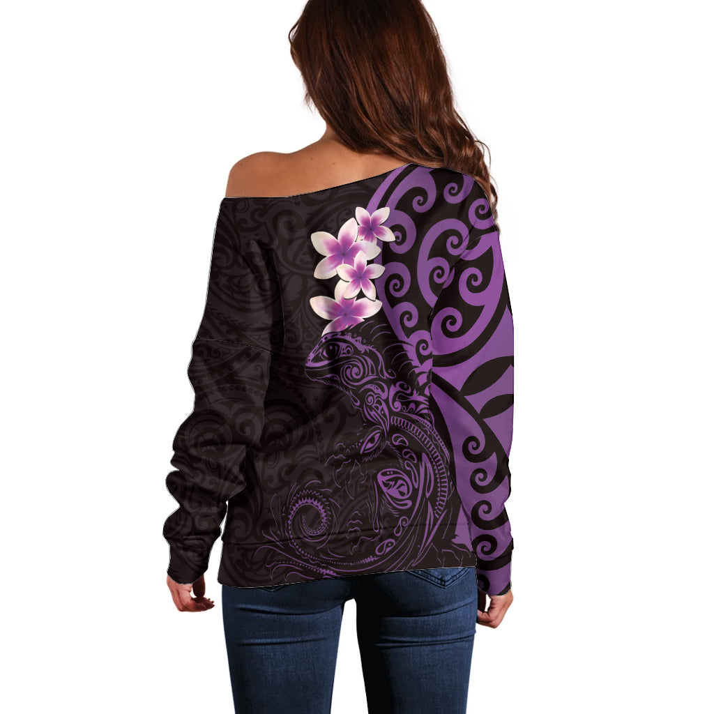 New Zealand Tuatara Plumeria Off Shoulder Sweater Maori Purple Koru Tribal Tattoo