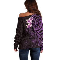 New Zealand Tuatara Plumeria Off Shoulder Sweater Maori Purple Koru Tribal Tattoo