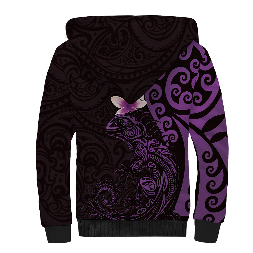 New Zealand Tuatara Plumeria Sherpa Hoodie Maori Purple Koru Tribal Tattoo