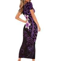 New Zealand Tuatara Plumeria Short Sleeve Bodycon Dress Maori Purple Koru Tribal Tattoo