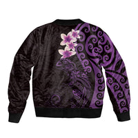 New Zealand Tuatara Plumeria Sleeve Zip Bomber Jacket Maori Purple Koru Tribal Tattoo