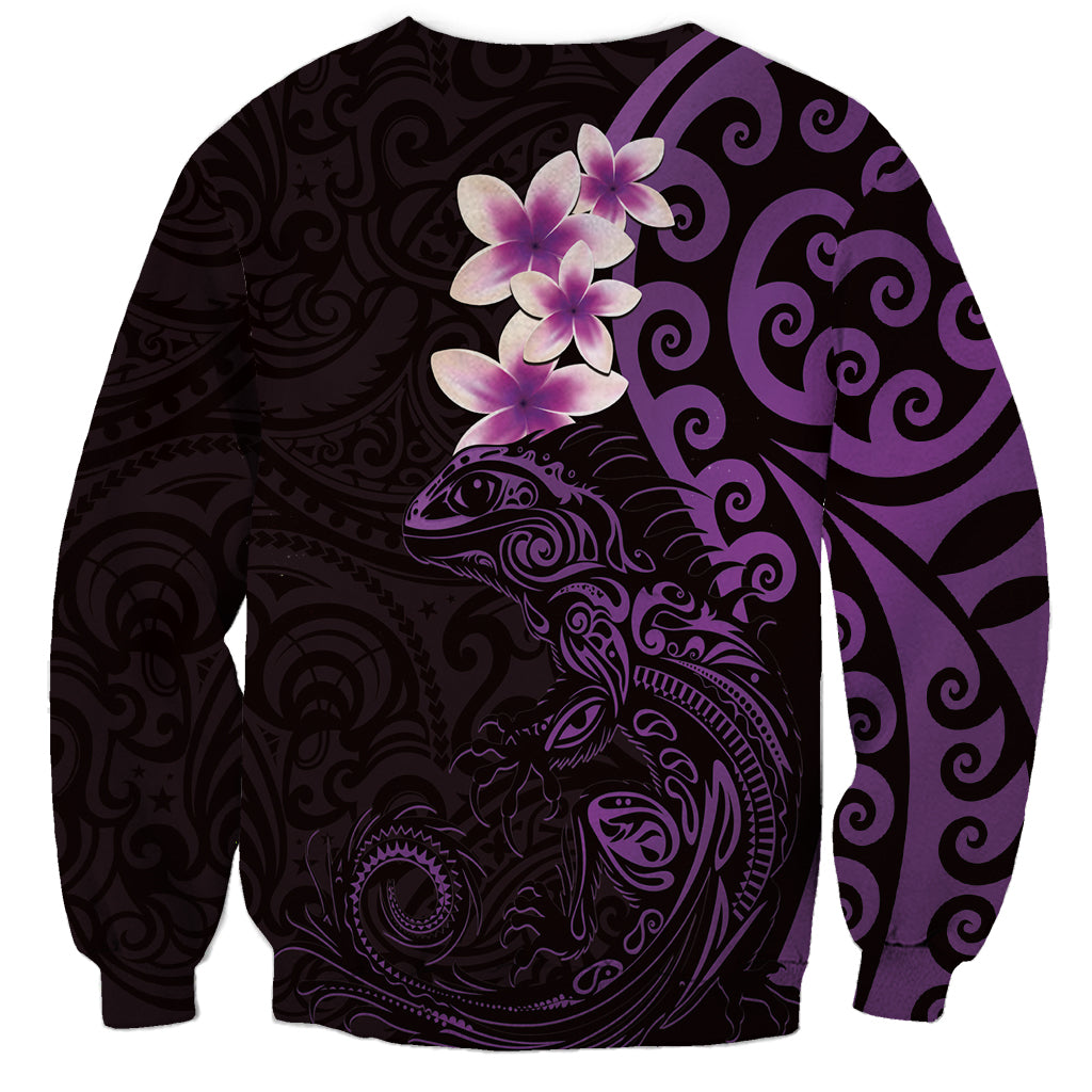 New Zealand Tuatara Plumeria Sweatshirt Maori Purple Koru Tribal Tattoo