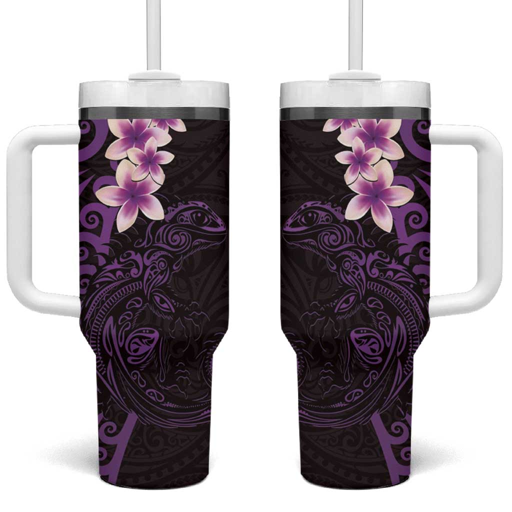 New Zealand Tuatara Plumeria Tumbler With Handle Maori Purple Koru Tribal Tattoo