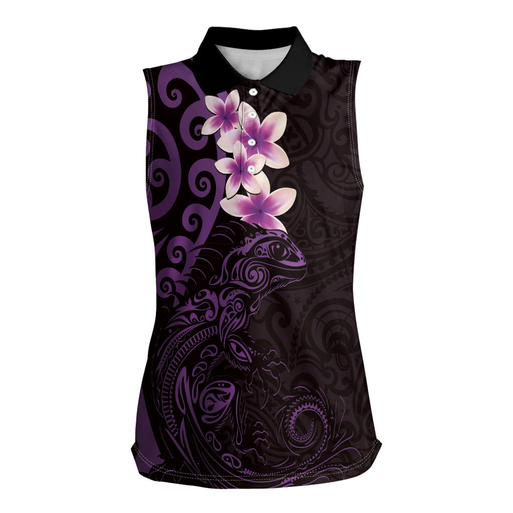 New Zealand Tuatara Plumeria Women Sleeveless Polo Shirt Maori Purple Koru Tribal Tattoo
