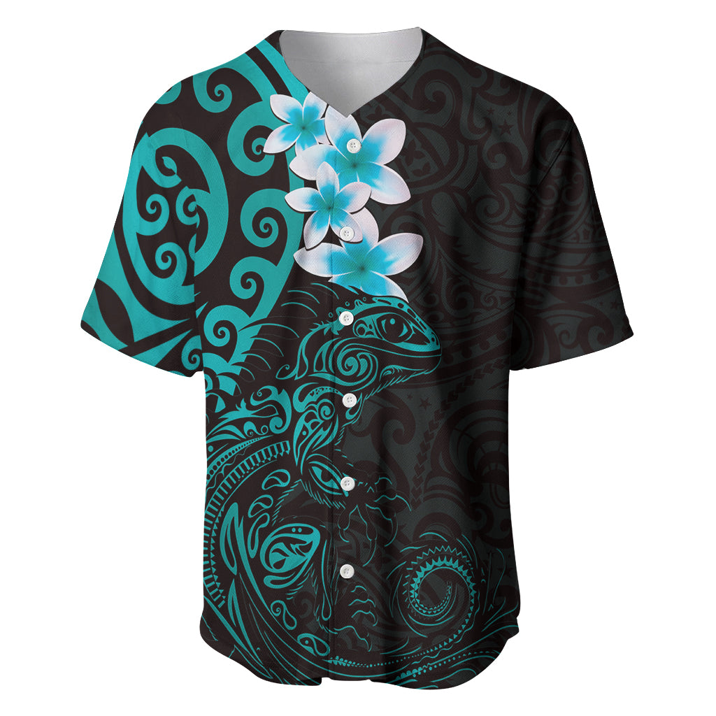 New Zealand Tuatara Plumeria Baseball Jersey Maori Teal Koru Tribal Tattoo