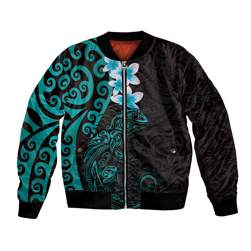 New Zealand Tuatara Plumeria Bomber Jacket Maori Teal Koru Tribal Tattoo