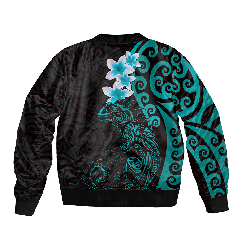 New Zealand Tuatara Plumeria Bomber Jacket Maori Teal Koru Tribal Tattoo