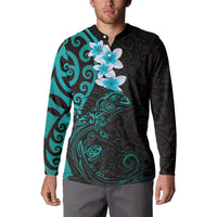 New Zealand Tuatara Plumeria Button Sweatshirt Maori Teal Koru Tribal Tattoo