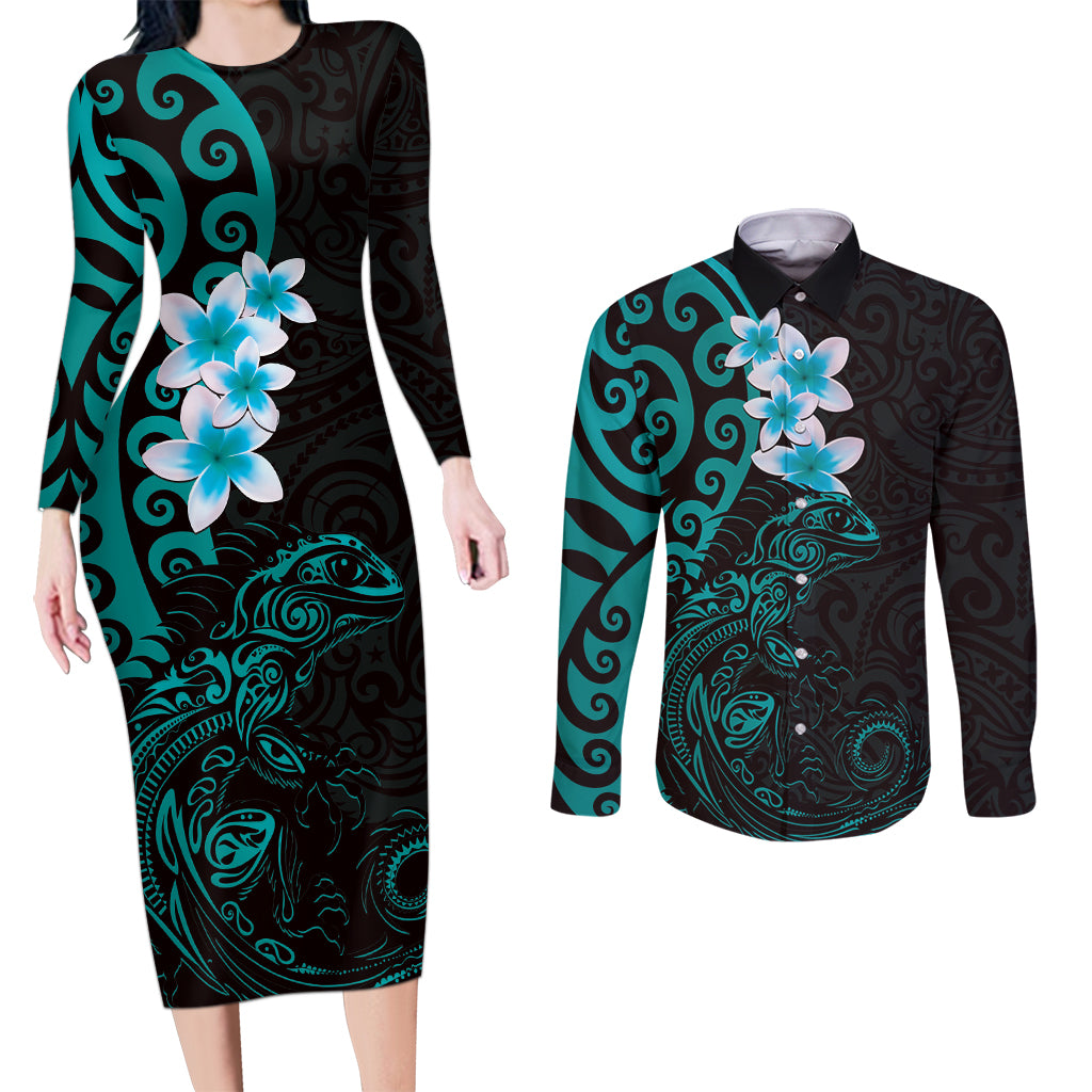 New Zealand Tuatara Plumeria Couples Matching Long Sleeve Bodycon Dress and Long Sleeve Button Shirt Maori Teal Koru Tribal Tattoo