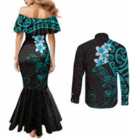 New Zealand Tuatara Plumeria Couples Matching Mermaid Dress and Long Sleeve Button Shirt Maori Teal Koru Tribal Tattoo