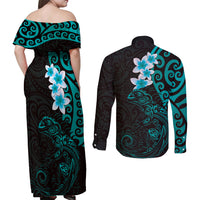 New Zealand Tuatara Plumeria Couples Matching Off Shoulder Maxi Dress and Long Sleeve Button Shirt Maori Teal Koru Tribal Tattoo