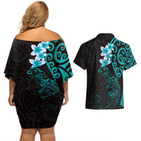 New Zealand Tuatara Plumeria Couples Matching Off Shoulder Short Dress and Hawaiian Shirt Maori Teal Koru Tribal Tattoo