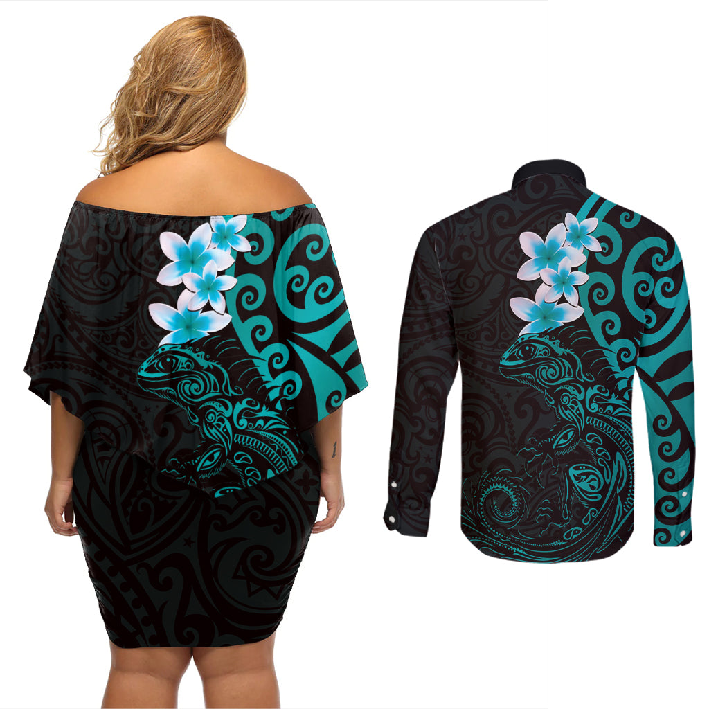 New Zealand Tuatara Plumeria Couples Matching Off Shoulder Short Dress and Long Sleeve Button Shirt Maori Teal Koru Tribal Tattoo