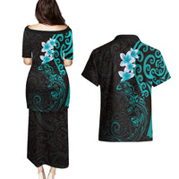 New Zealand Tuatara Plumeria Couples Matching Puletasi and Hawaiian Shirt Maori Teal Koru Tribal Tattoo