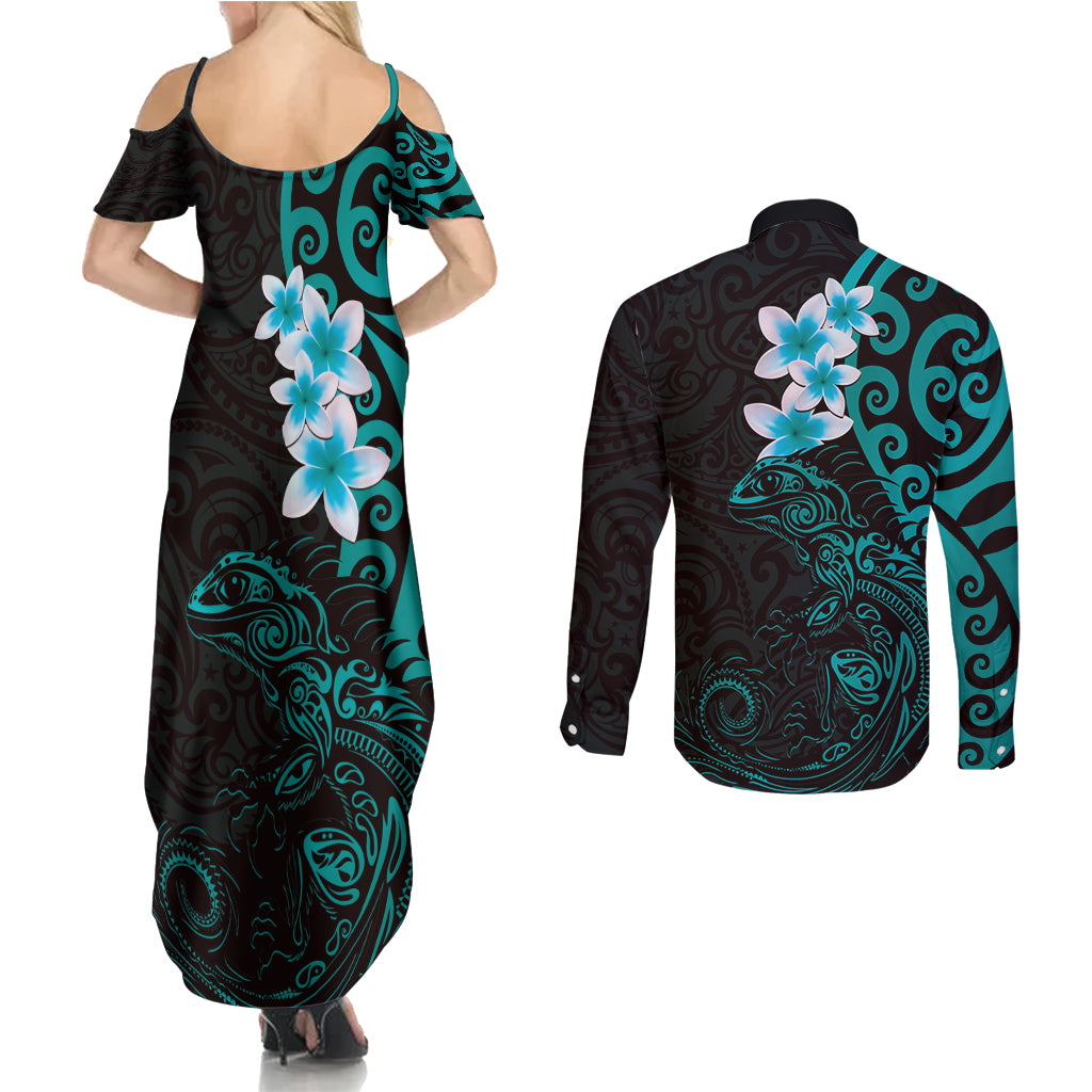 New Zealand Tuatara Plumeria Couples Matching Summer Maxi Dress and Long Sleeve Button Shirt Maori Teal Koru Tribal Tattoo