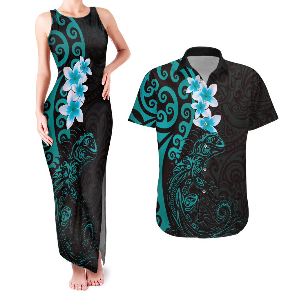 New Zealand Tuatara Plumeria Couples Matching Tank Maxi Dress and Hawaiian Shirt Maori Teal Koru Tribal Tattoo