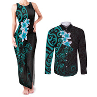New Zealand Tuatara Plumeria Couples Matching Tank Maxi Dress and Long Sleeve Button Shirt Maori Teal Koru Tribal Tattoo