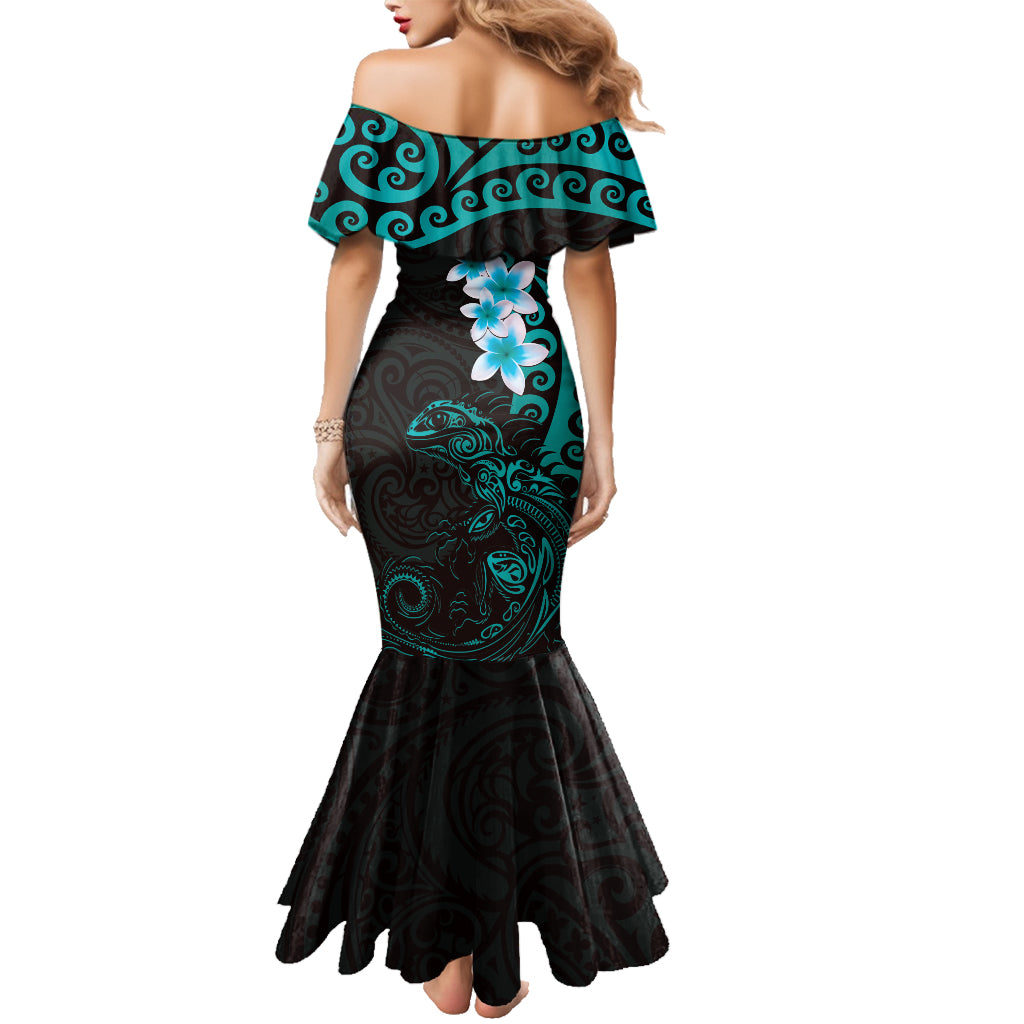New Zealand Tuatara Plumeria Family Matching Mermaid Dress and Hawaiian Shirt Maori Teal Koru Tribal Tattoo