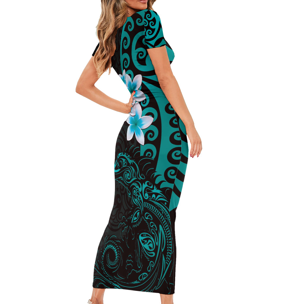 New Zealand Tuatara Plumeria Family Matching Short Sleeve Bodycon Dress and Hawaiian Shirt Maori Teal Koru Tribal Tattoo