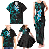 New Zealand Tuatara Plumeria Family Matching Tank Maxi Dress and Hawaiian Shirt Maori Teal Koru Tribal Tattoo