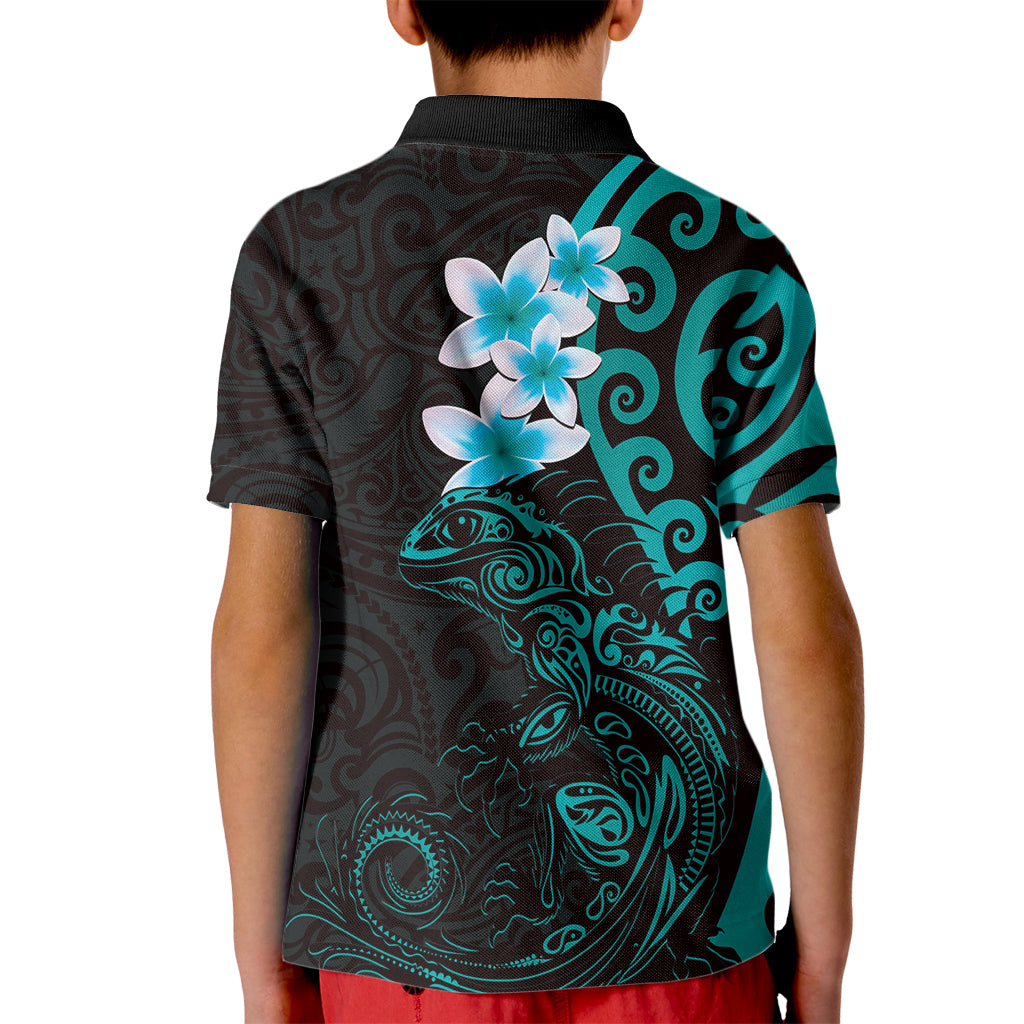 New Zealand Tuatara Plumeria Kid Polo Shirt Maori Teal Koru Tribal Tattoo