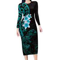 New Zealand Tuatara Plumeria Long Sleeve Bodycon Dress Maori Teal Koru Tribal Tattoo