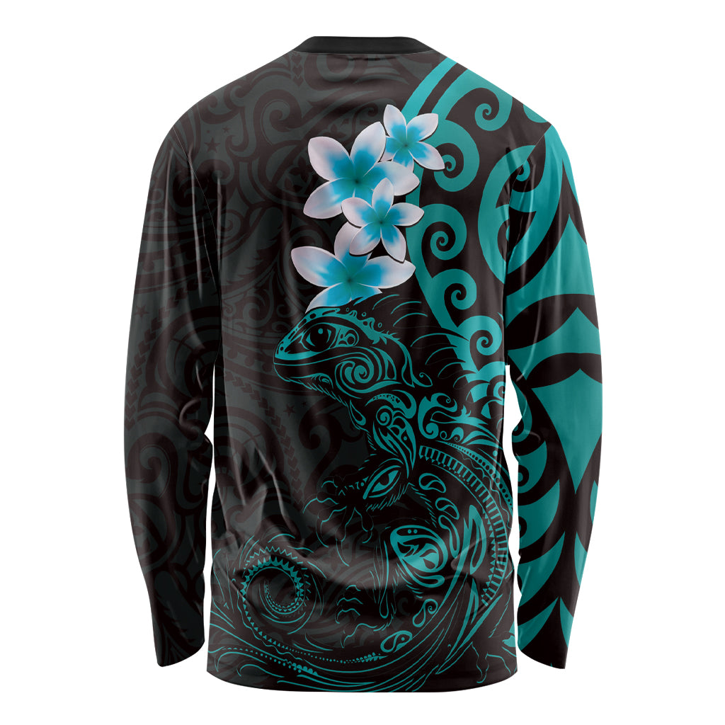New Zealand Tuatara Plumeria Long Sleeve Shirt Maori Teal Koru Tribal Tattoo